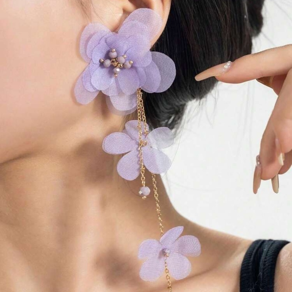 1 Pair Purple Fabric Flower Long Dangle Earrings, Suitable For Daily Wear